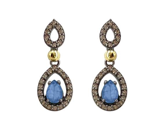 BOHEMME 925 Sterling Silver Earrings with 18K Yellow Gold, Champagne CZ, and Tanzanite Quartz Doublets