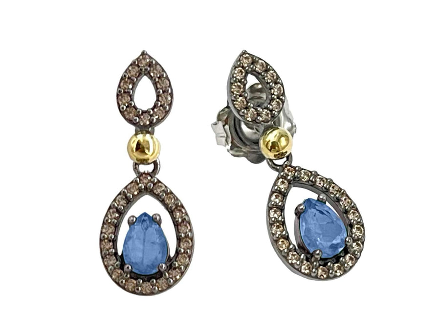 BOHEMME 925 Sterling Silver Earrings with 18K Yellow Gold, Champagne CZ, and Tanzanite Quartz Doublets