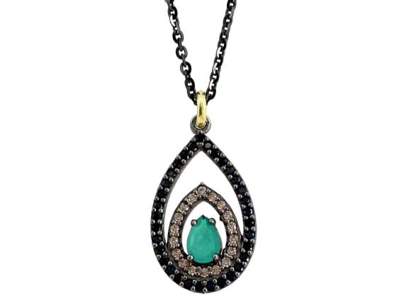 BOHEMME 925 Sterling Silver Pendant with 18K Yellow Gold, Champagne CZ & Emerald Quartz Doublet + 16.5 in Chain