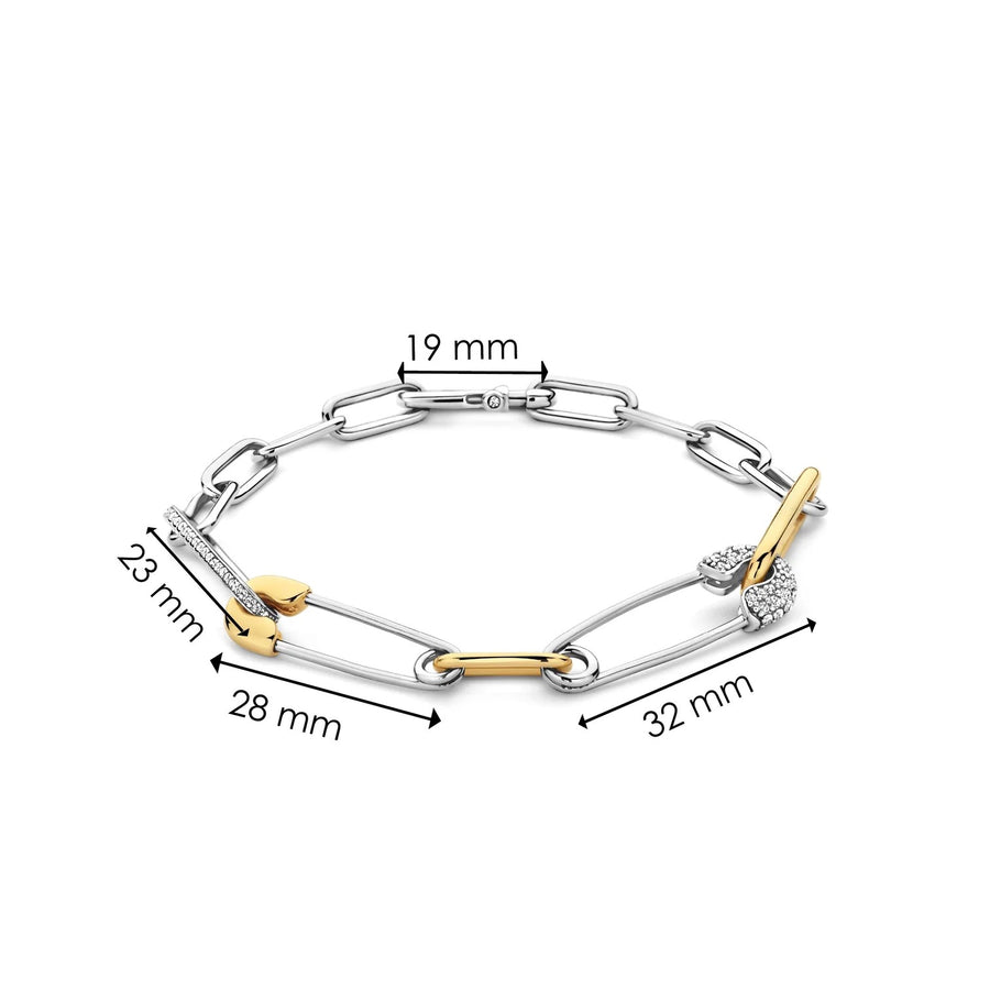 TI SENTO - Milano Gold-Plated Chain Link Bracelet with Safety Pins and Zirconia, Model 23034ZY