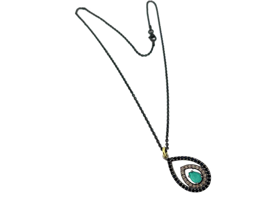 BOHEMME 925 Sterling Silver Pendant with 18K Yellow Gold, Champagne CZ & Emerald Quartz Doublet + 16.5 in Chain