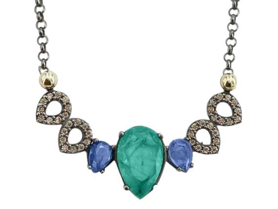 18k Gold ‘Tears’ Necklace with Emerald Quartz, Tanzanite & Champagne Stones – BOHEMME 2023 Collection