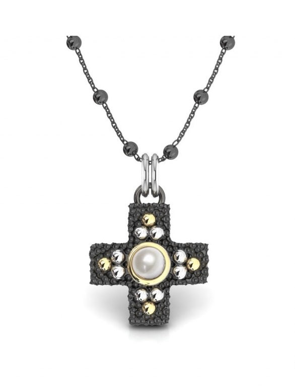 Bohemme 5MRN007P42P - Silver and 18K Gold Marine Treasure Cross Pendant with Freshwater Pearl