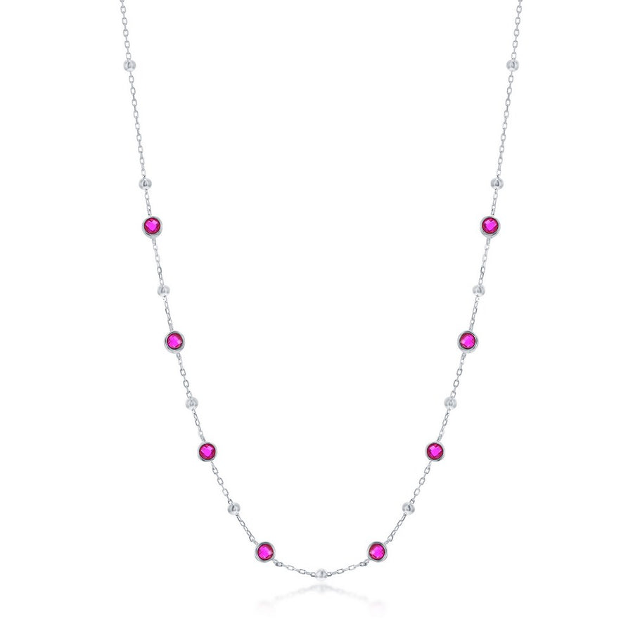 Sterling Silver Bezel-Set CZ & Bead Station Necklace - Ruby