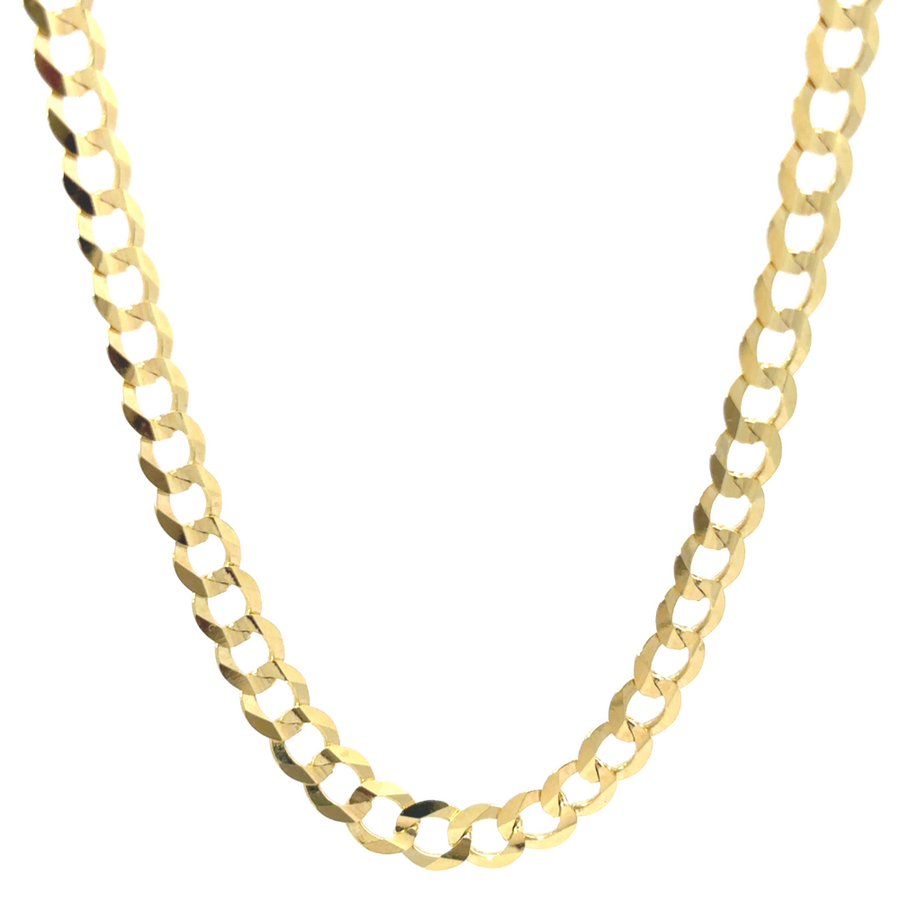 Men’s 20-inch 14k gold Cuban link chain displayed on a necklace stand