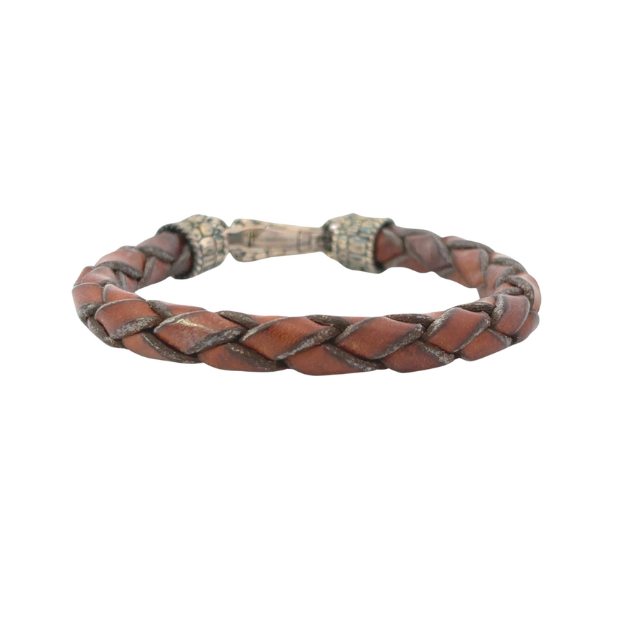 Men's brown leather bracelet on a white background