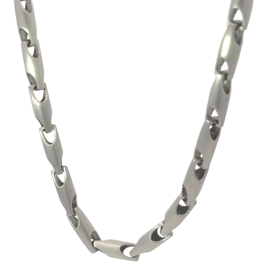 18-inch men’s stainless steel necklace on display
