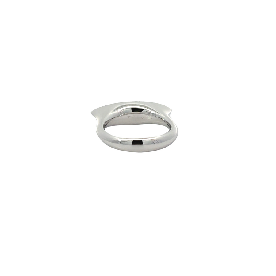 Detailed view of polished silver band with blue nano gem