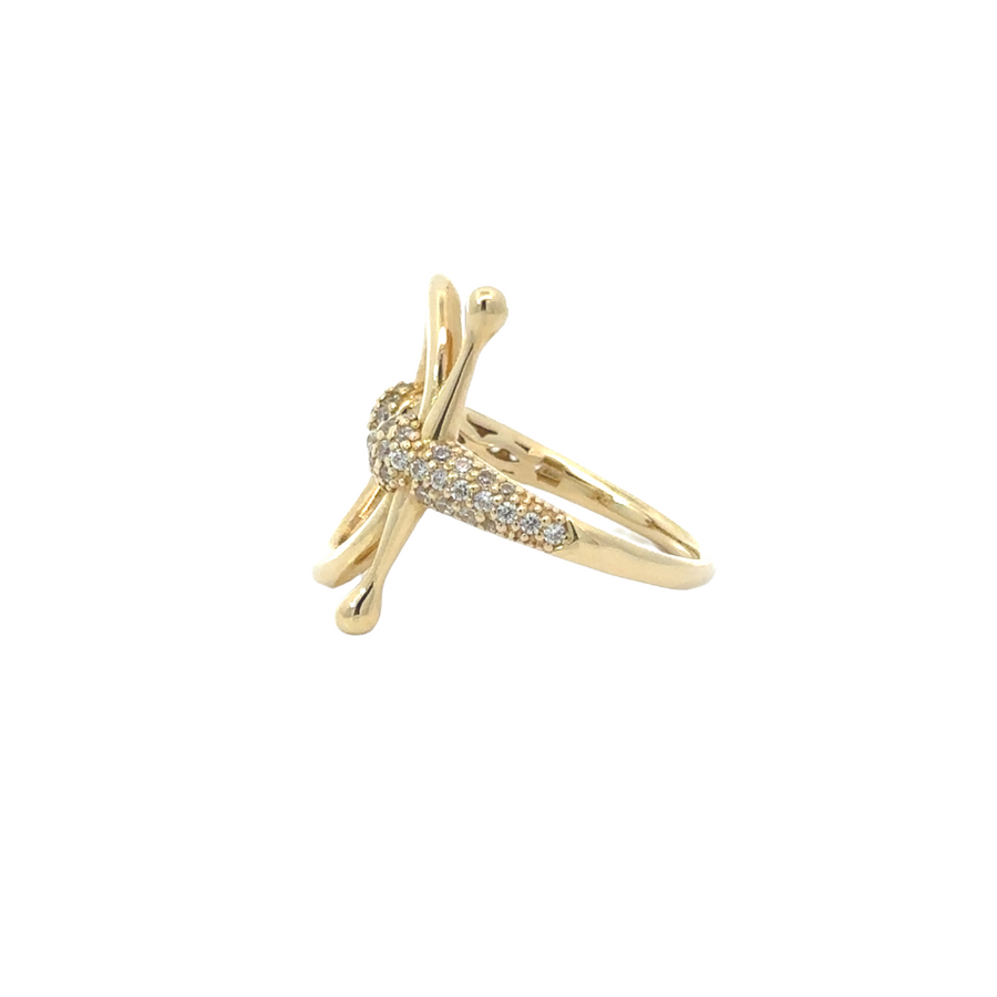 Model wearing 14k gold Oval Open T ring on her finger, showcasing its contemporary design