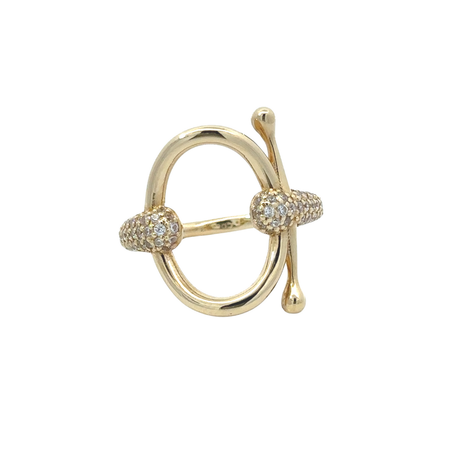 Close-up of 14k gold Ring Oval Open T with sparkling cubic zirconia (CZ) stones