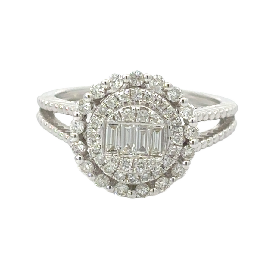 14k gold ring with sparkling diamonds on white background