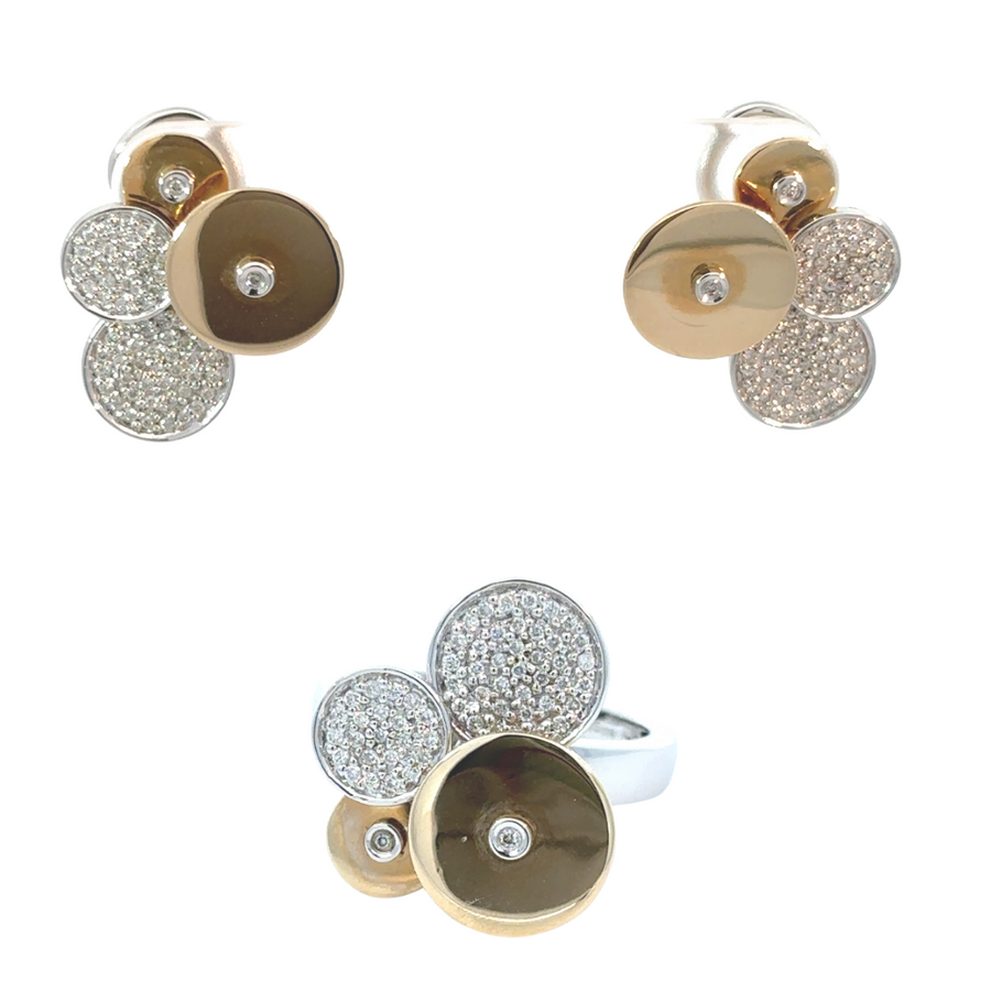 14k gold earrings and diamond ring set displayed on white background