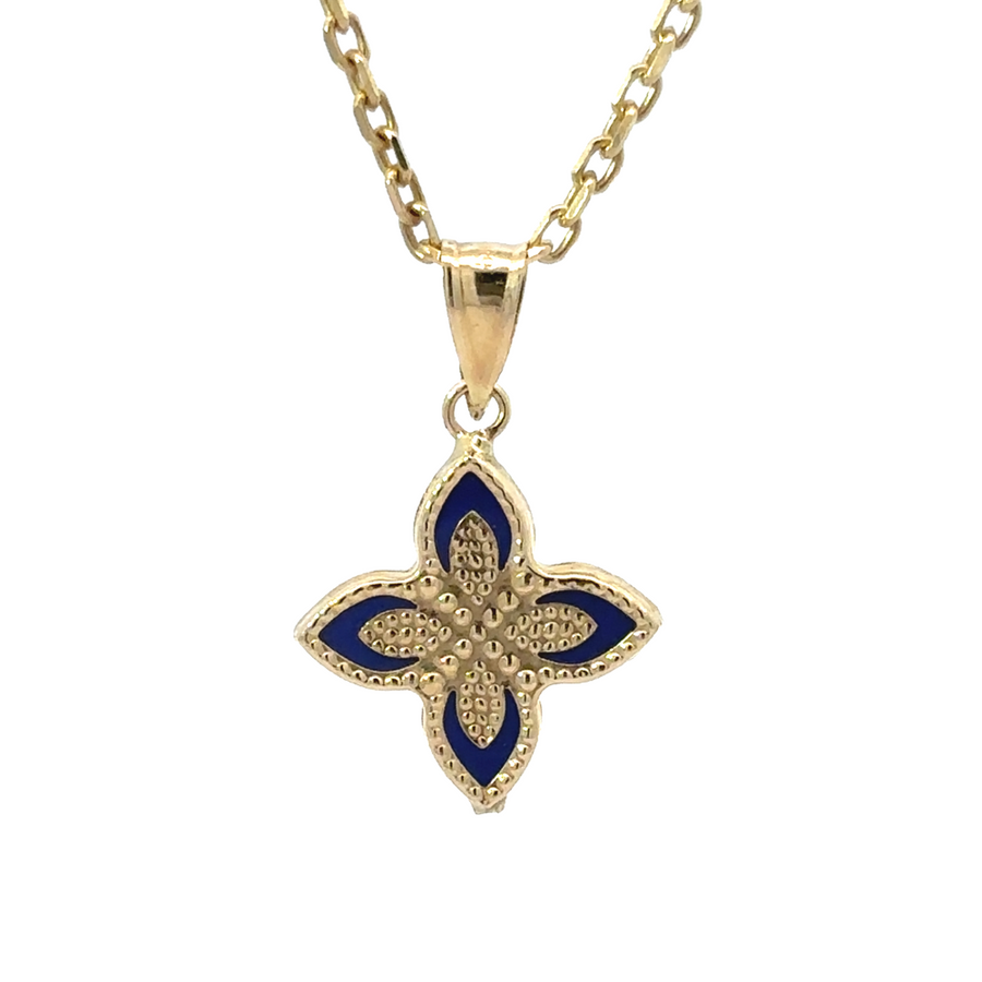 14k yellow gold pendant with blue accent on white background
