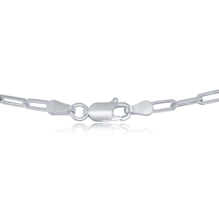 Rhodium-plated paper clip chain necklace on white background