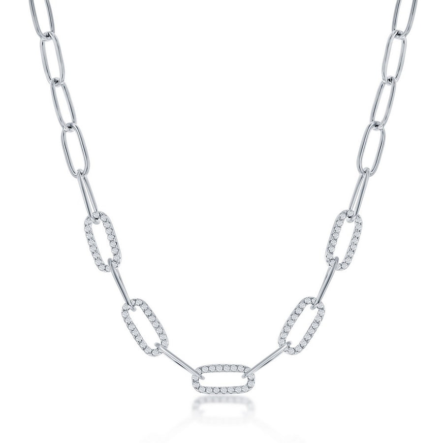 Sterling silver 5mm CZ paperclip necklace on white background