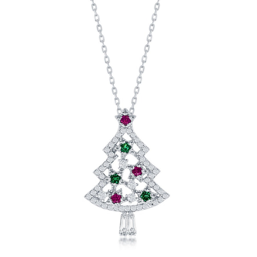 Sterling silver Christmas tree necklace with red, green, and white stones