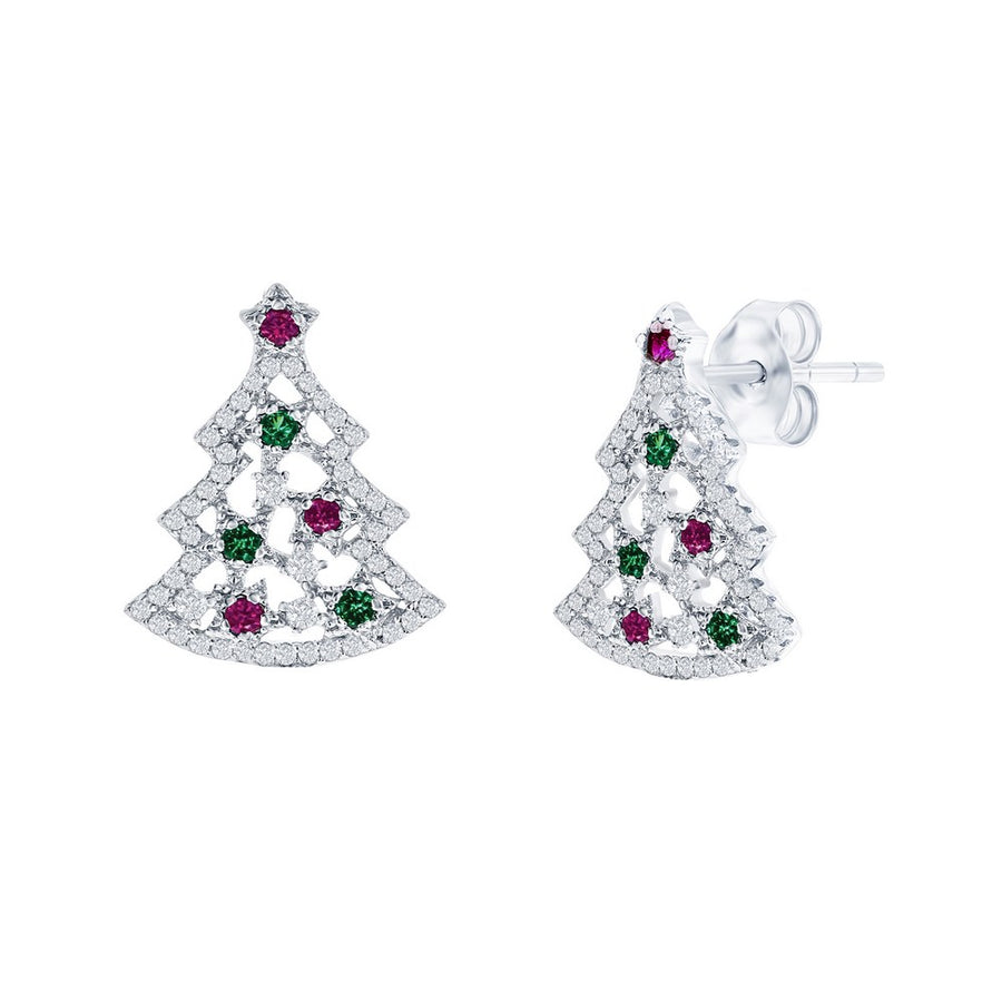 Sterling silver Christmas tree stud earrings with green, red, and white CZ stones