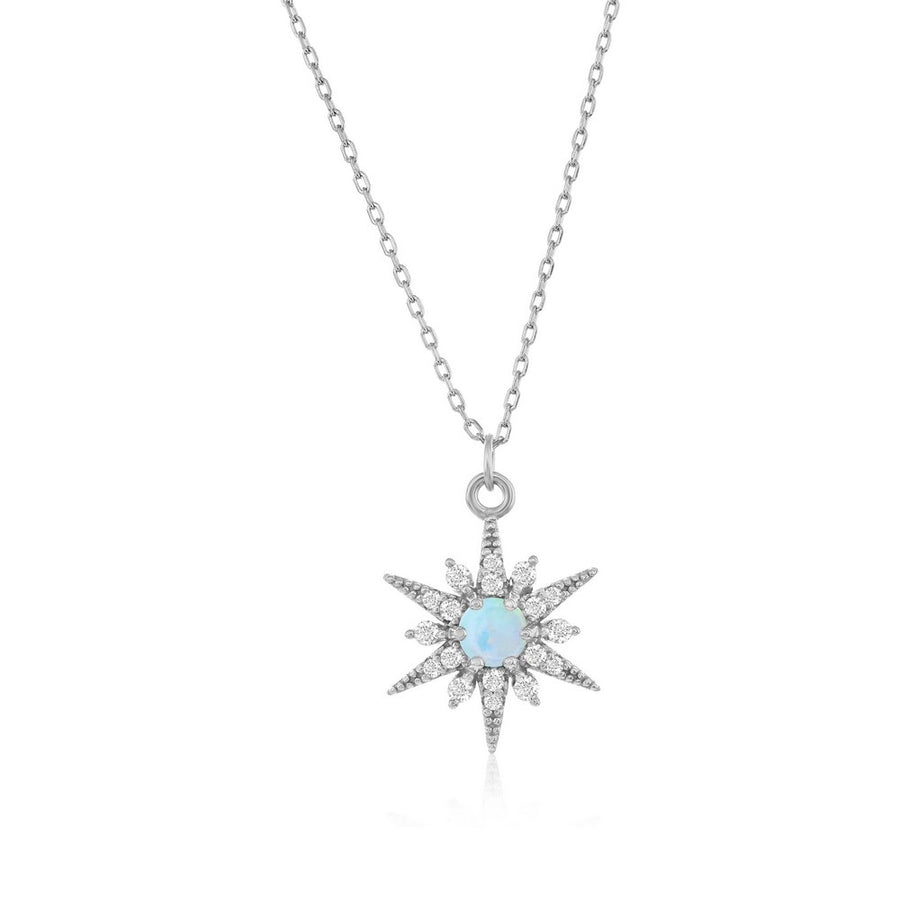 Sterling silver sunburst necklace with white opal and CZ stones