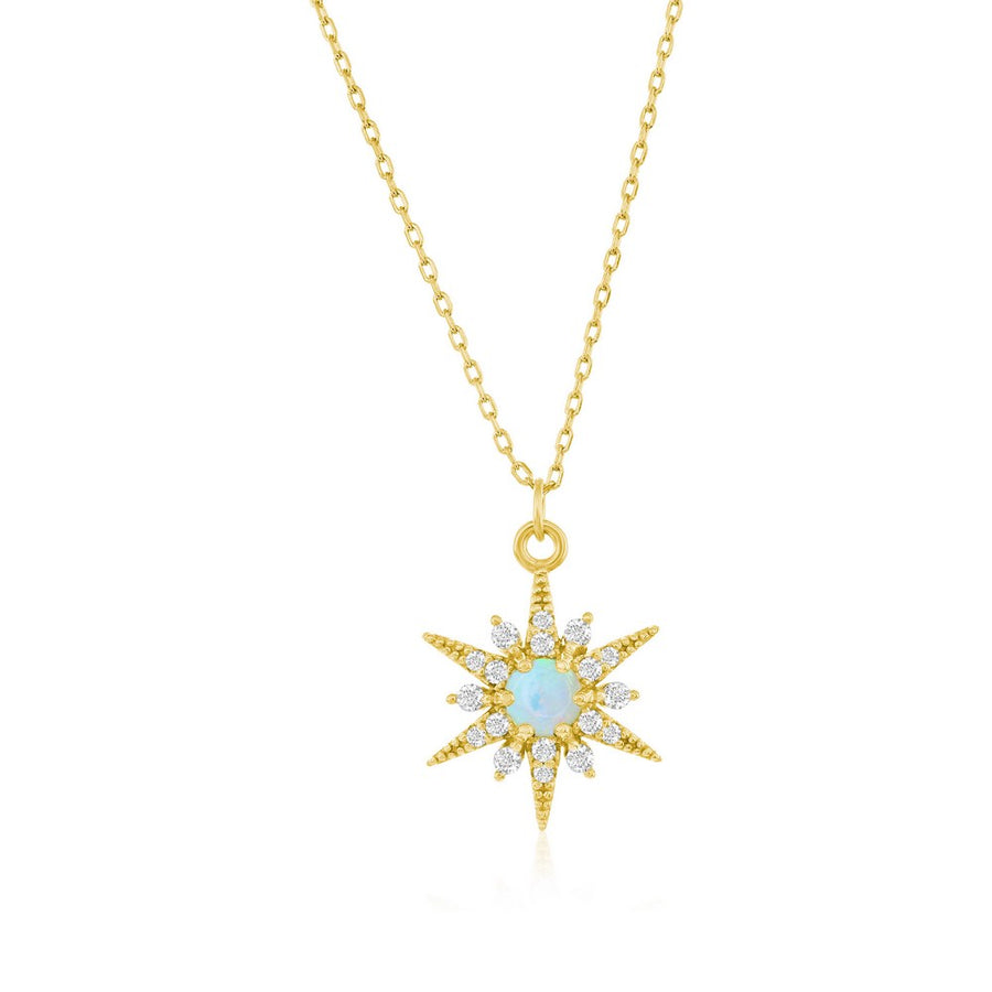 Gold-plated sterling silver sunburst necklace with white opal center