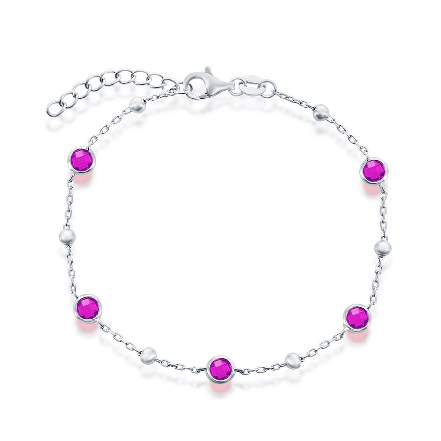 Sterling Silver, Bezel-Set CZ & Bead Bracelet - Ruby