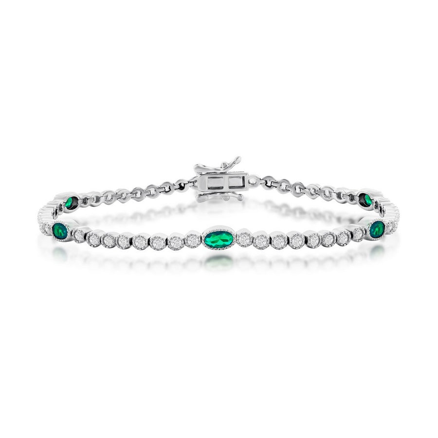 Sterling Silver, Beaded Outline Round & Oval CZ Bracelet - Emerald