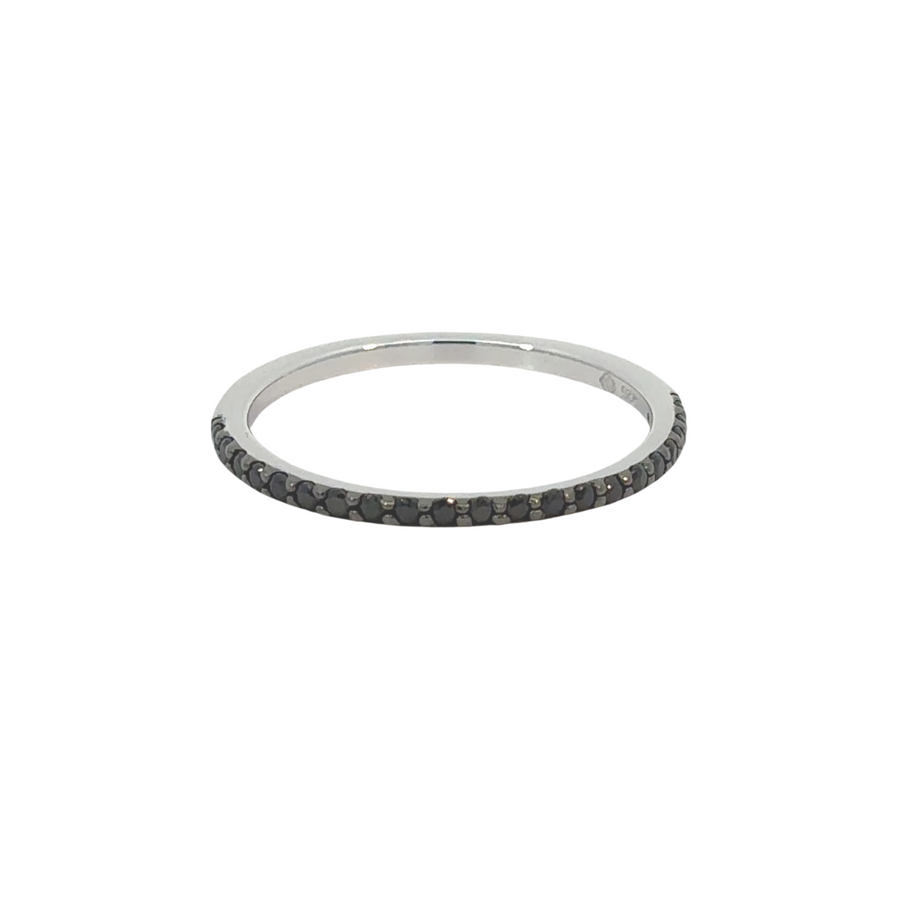 Sleek black coated silver ring displayed on white background