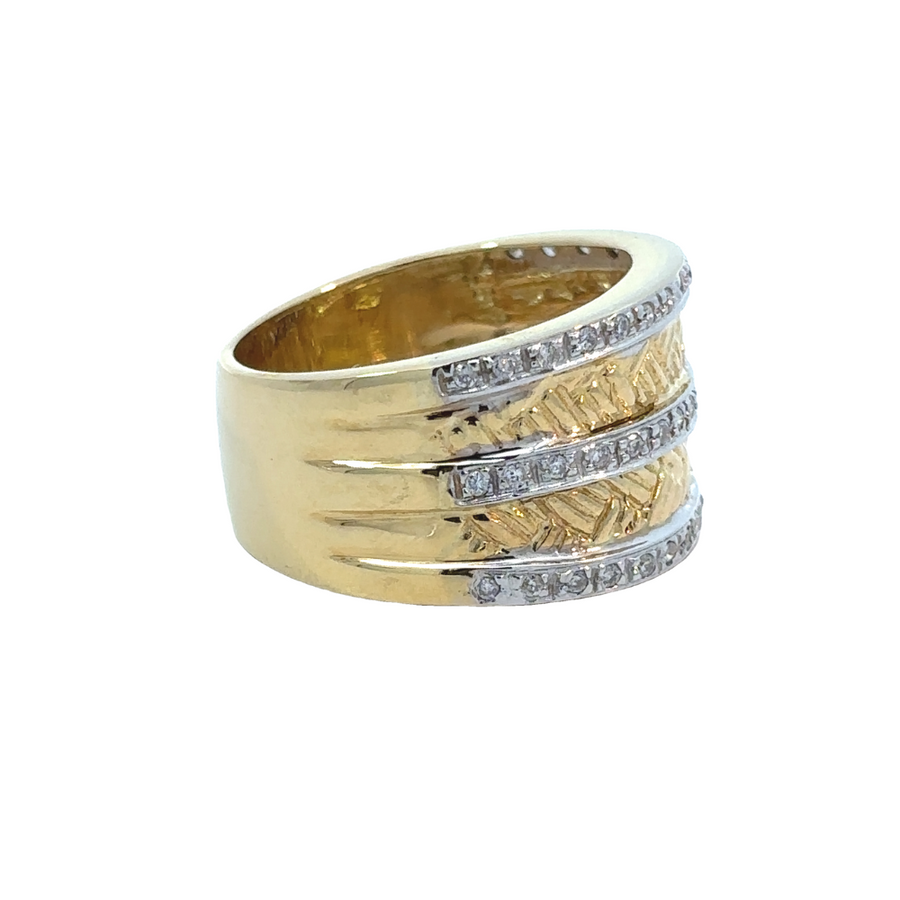 Elegant women’s hand wearing two-tone diamond ring, size 8