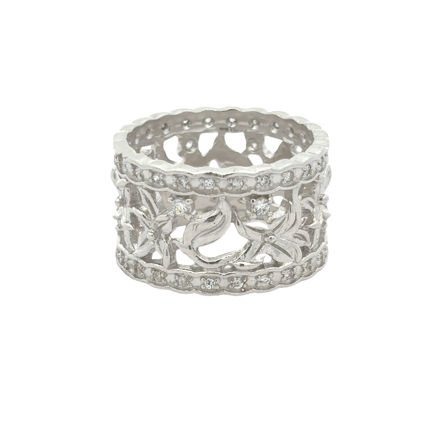 Silver Ring with Flower &amp; Leaf Design for Women – Size 6