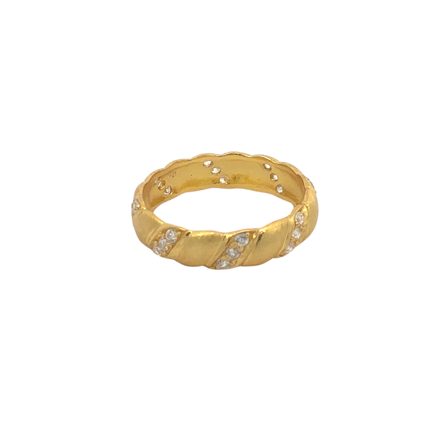 Yellow Gold Ring with CZ & Scratch Design for Women