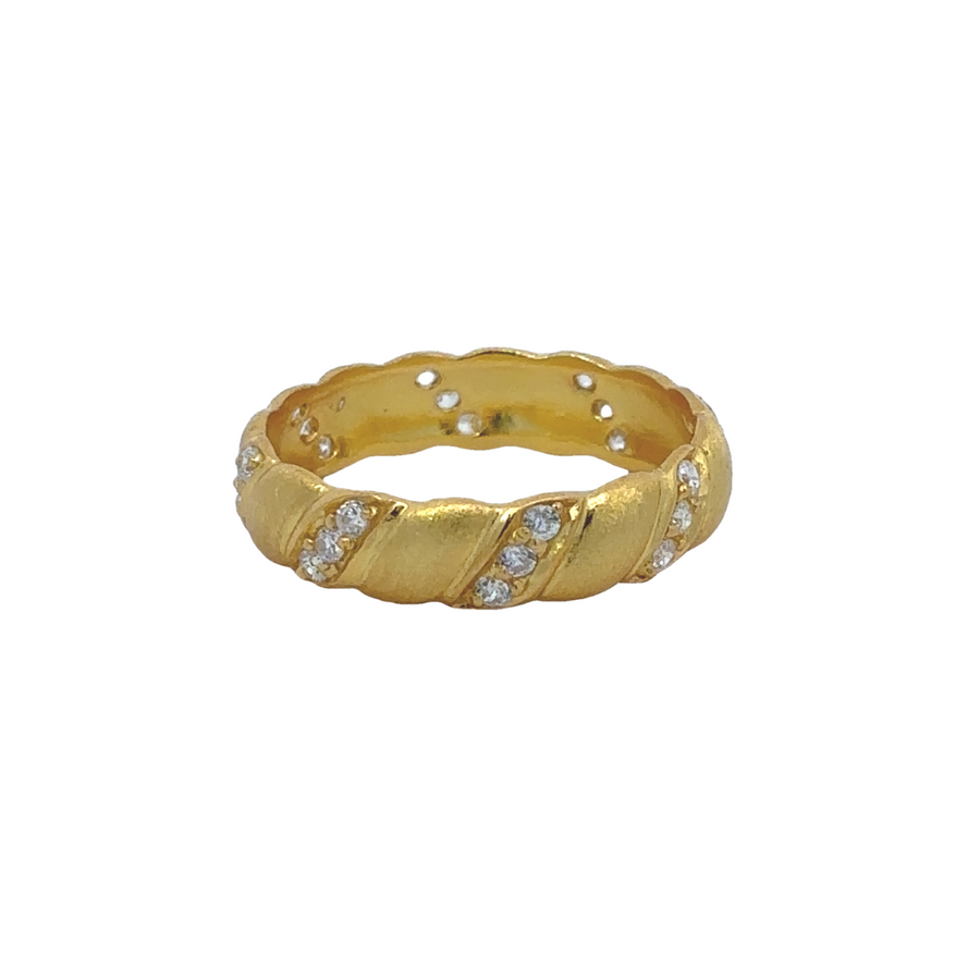 Yellow Gold Ring with CZ & Scratch Design for Women