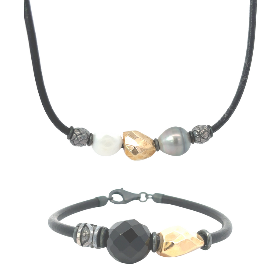 Unisex Leather Necklace & Bracelet Set – Modern Design