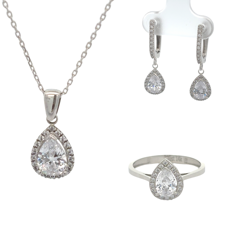 14k Gold Jewelry Set: Drop Earrings, Ring, and Necklace with CZ