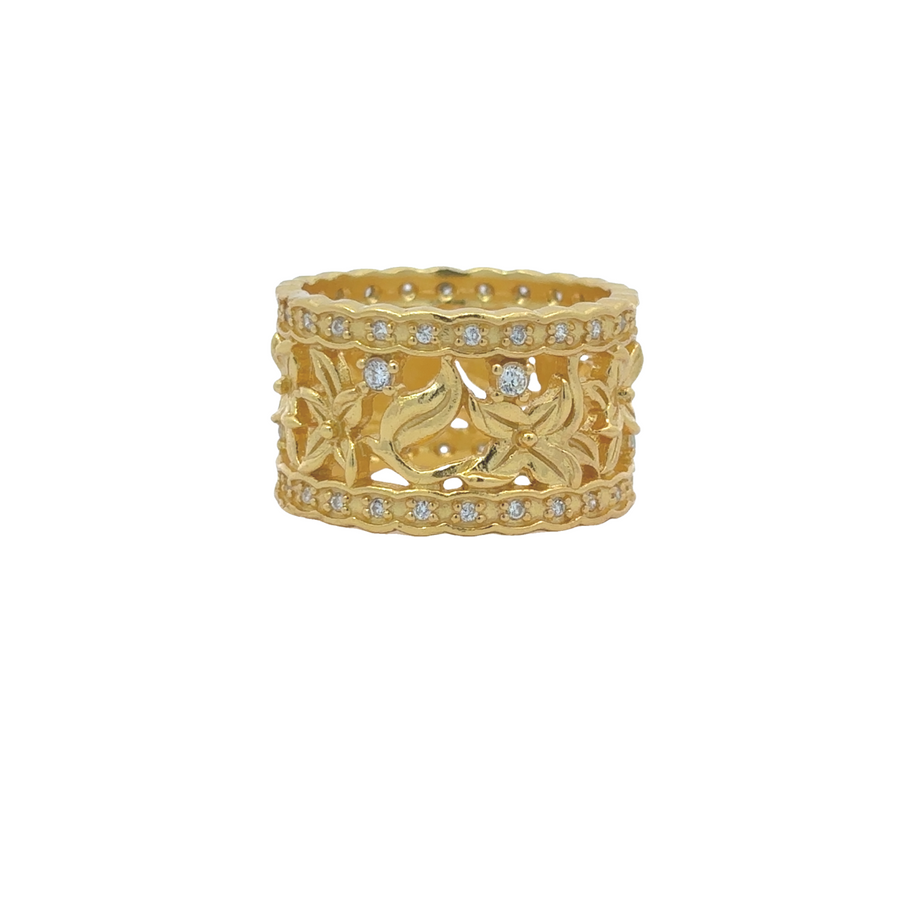 Yellow Gold Flower & Leaf Ring for Women – Size 7