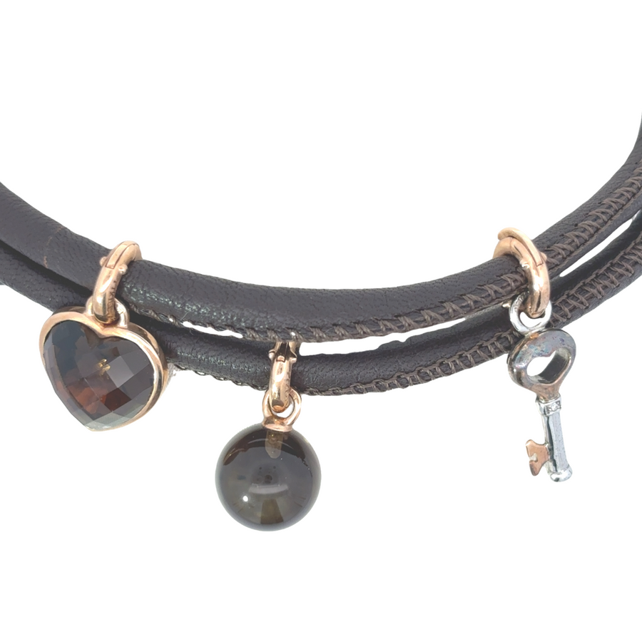 Unisex Leather Bracelet with Heart, Ball, and Key Accents