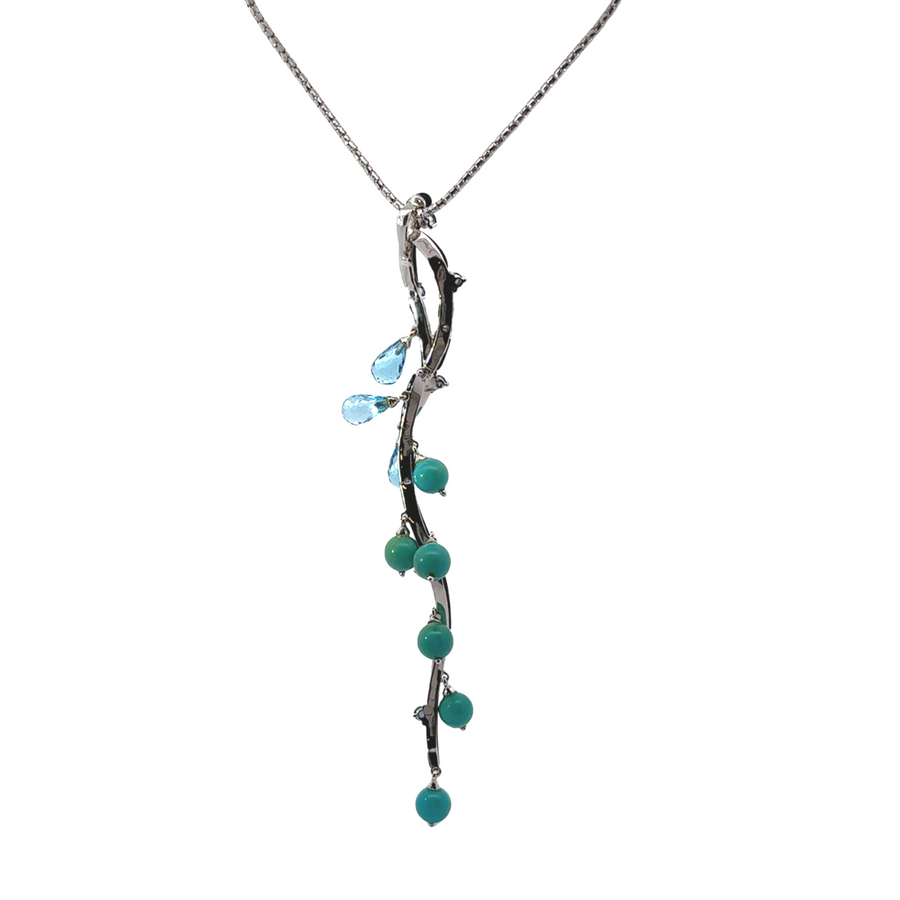 Women's 18k Gold Necklace with Turquoise, Sapphire, and Turmer Stones