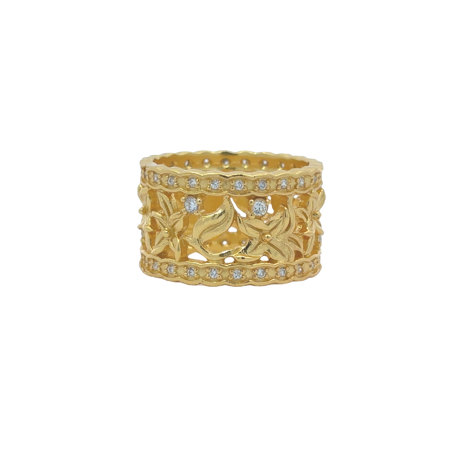 Yellow Gold Flower & Leaf Ring for Women – Size 6