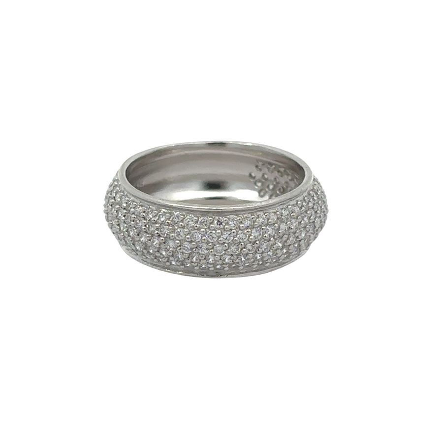 White silver ring displayed on a neutral background