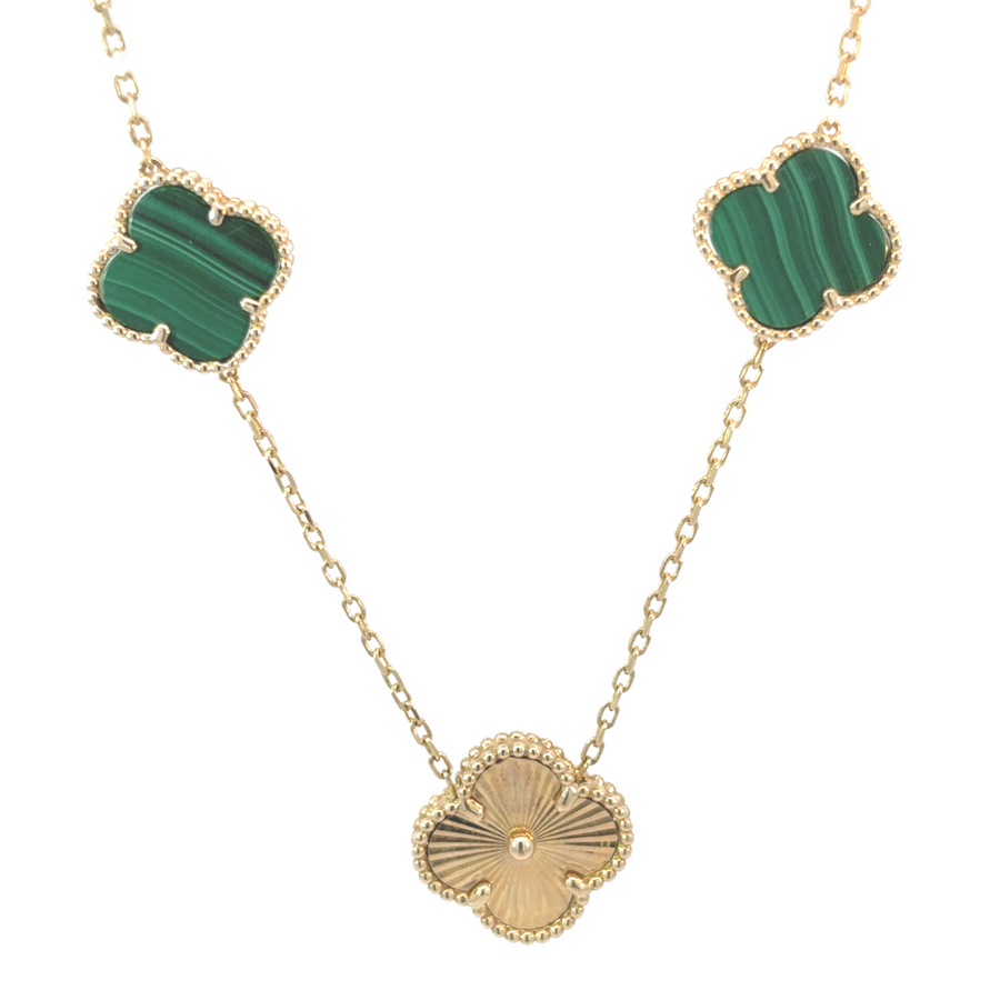 Women's 14k gold necklace with two green stones and gold accent