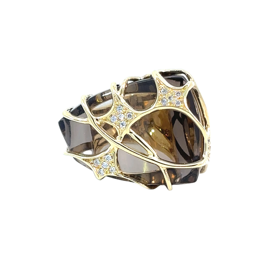 18k yellow gold ring with smoky quartz center stone and diamonds