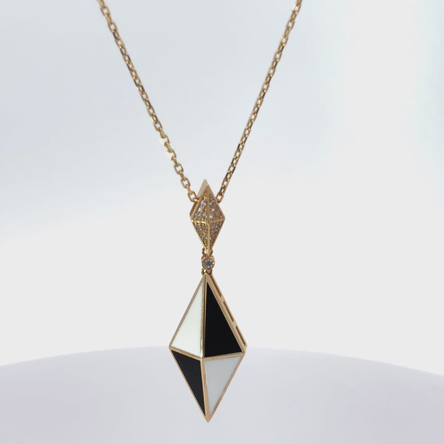 14k Gold Necklace with Rhombus Black & White Accents, Adjustable 20-22 Inches