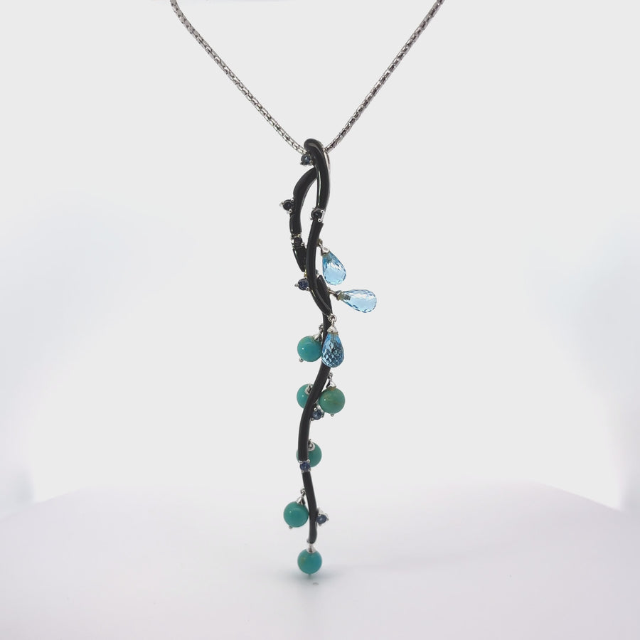 Women's 18k Gold Necklace with Turquoise, Sapphire, and Turmer Stones