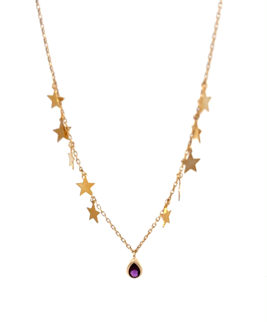 14k Real Gold Chain with Stars and Purple Stone