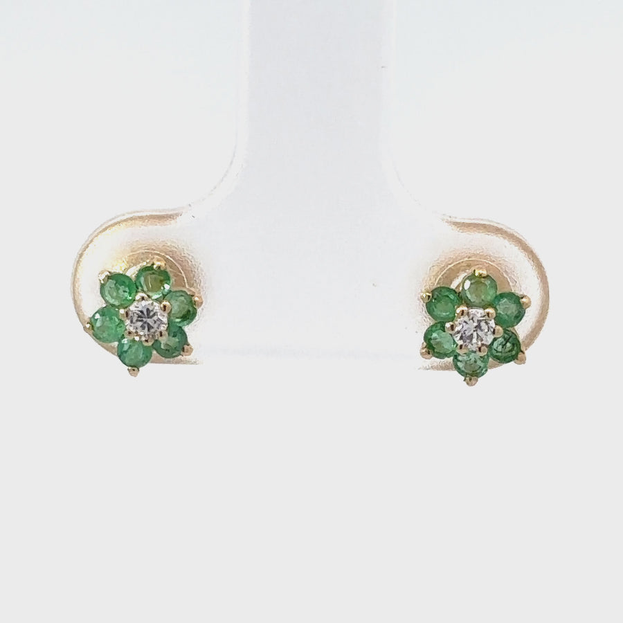 14k Gold Baby Earrings – Green Flower Design