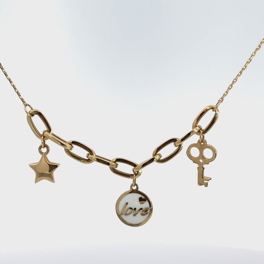 14k Gold Star, Key, and Circle Love Charm Necklace, Adjustable 19 to 20 Inches