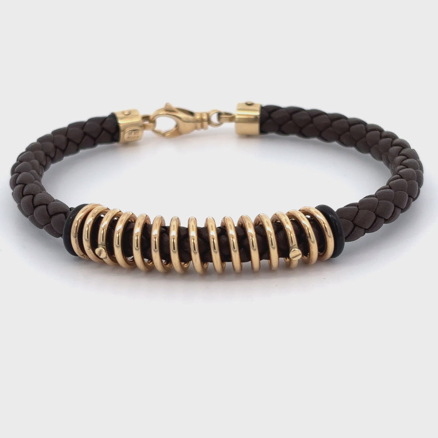 14k Gold and Brown Leather Bracelet for Men, 20 cm