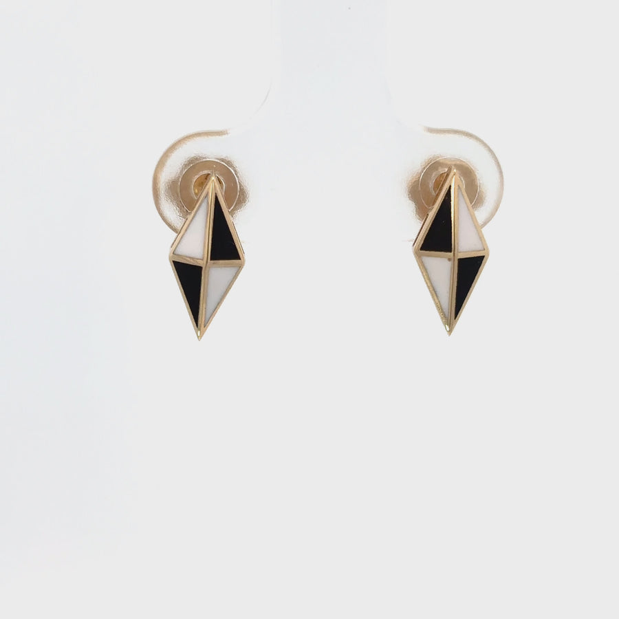 14k Gold Rhombus Stud Earrings with Black and White Accents