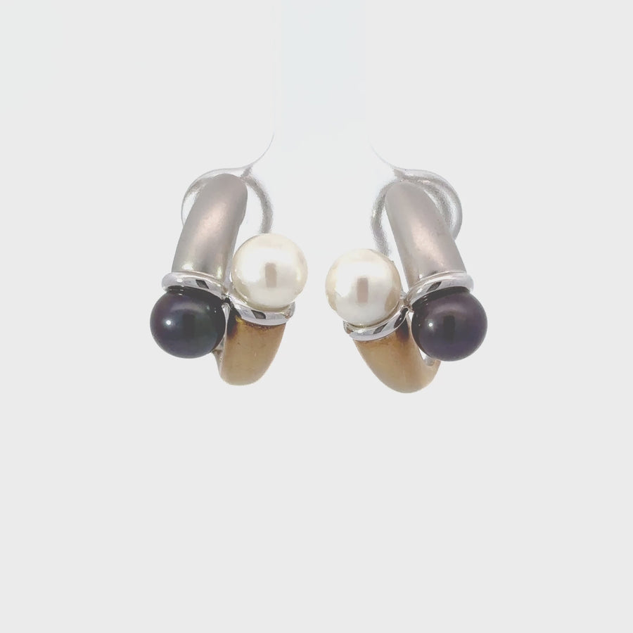 14k Gold Two-Tone Earrings with Black and White Pearls for Women