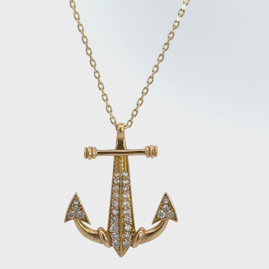 14k Gold Anchor Necklace with CZ, Adjustable 17 to 18 Inches