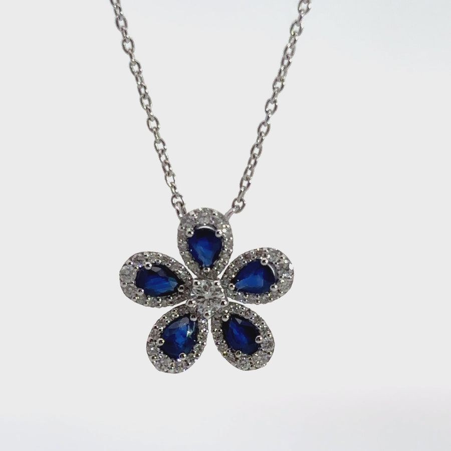 14k Gold Flower Necklace with Diamonds and Sapphire (Set 3), 17 Inch