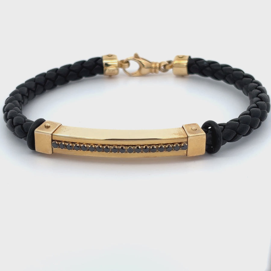 Men's 14k Gold & Black Leather Bracelet – Bold and Refined, 20 cm